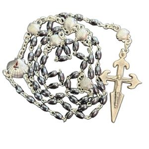 Hematite Rosary Beads Black Metal Crucifix Religious Necklace